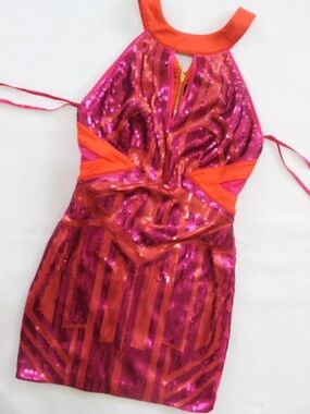 NEW Bebe pink red geo sequin side cutout mesh party top dress cocktail